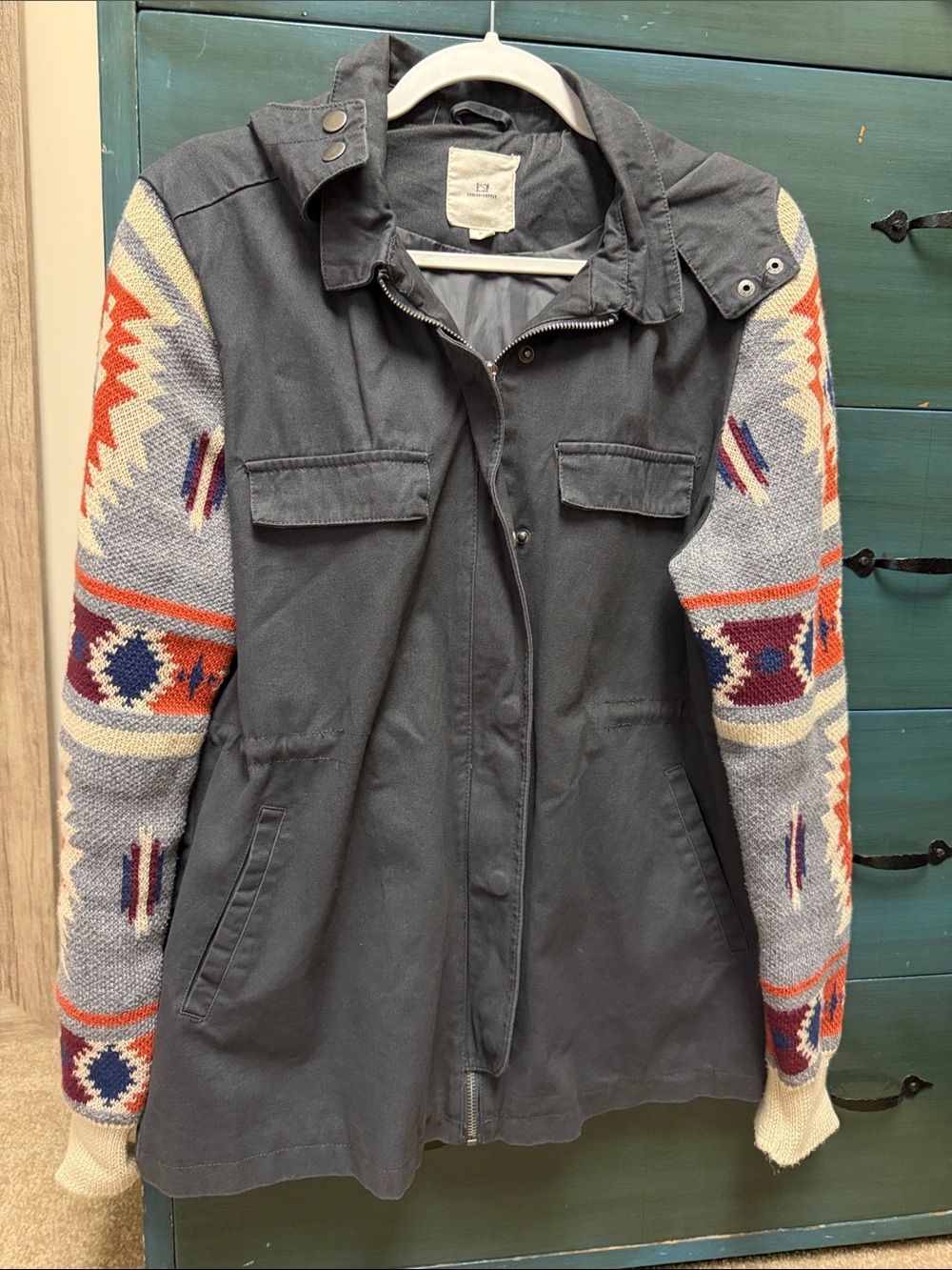 Thread & Supply Charcoal Utility Jacket with Patterned Knit Sleeves
